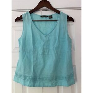 Eddie Bauer Womens XS Turquoise Blue Linen V-Neck Eyelet Lace Tank Top Blouse